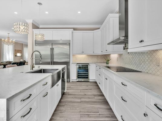 Chandelier, Interior, Kitchen, Pendant Lights, Recessed Lighting, Stainless Steel Appliances, Wood Texture Flooring