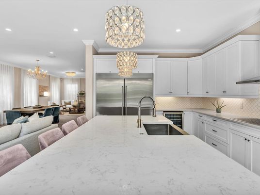 Chandelier, Dining room, Interior, Kitchen, Living room, Pendant Lights, Recessed Lighting, Stainless Steel Appliances