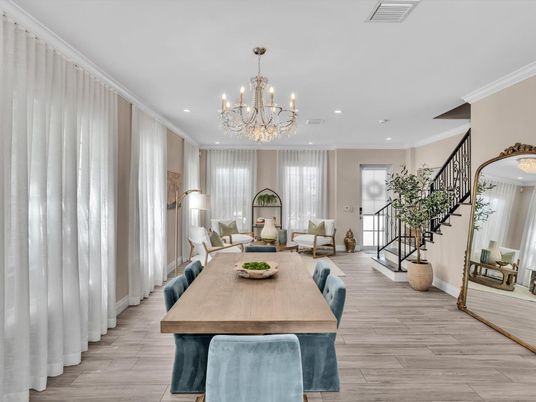 Chandelier, Dining room, Interior, Recessed Lighting, Wood Texture Flooring