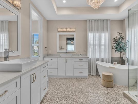Bathroom, Chandelier, Dual Sink Vanities, Free Standing Baths, Interior, Recessed Lighting