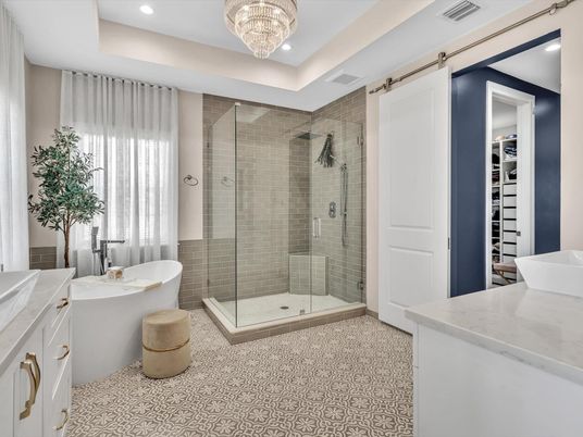 Bathroom, Chandelier, Glass Shower, Interior, Recessed Lighting