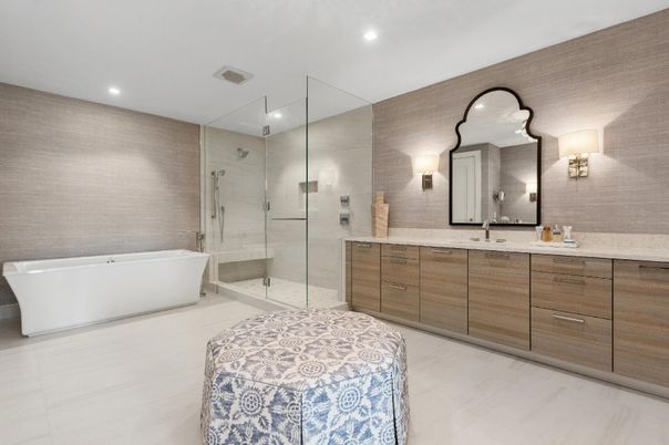 Bathroom, Dual Sink Vanities, Free Standing Baths, Glass Shower, Interior, Marble, Recessed Lighting