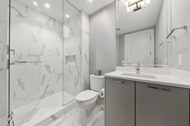 Bathroom, Glass Shower, Interior, Marble, Marble Walls, Recessed Lighting