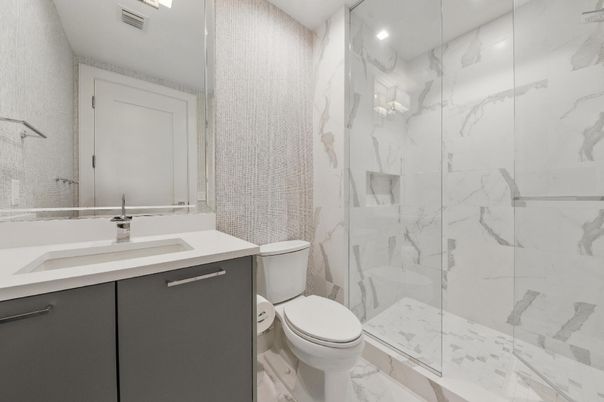 Bathroom, Glass Shower, Interior, Marble, Marble Walls, Recessed Lighting