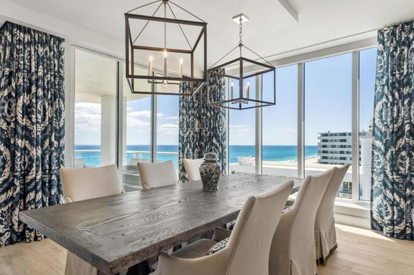 Dining room, Interior, Pendant Lights, Water, Wood Texture Flooring