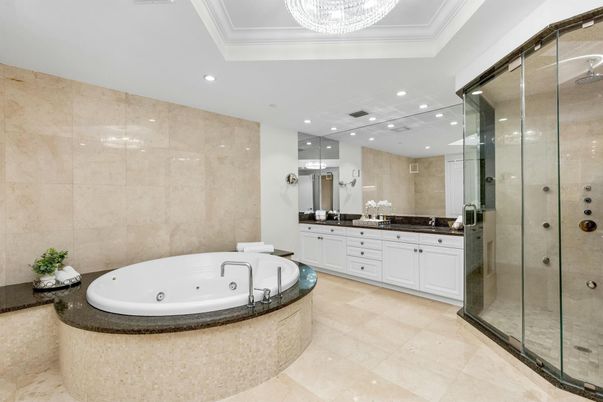 Bathroom, Dual Sink Vanities, Glass Shower, Interior, Recessed Lighting