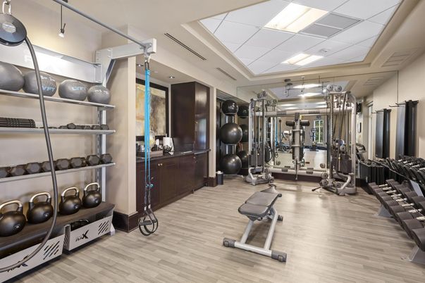 Fitness Equipment, Gym, Interior, Recessed Lighting, Wood Texture Flooring