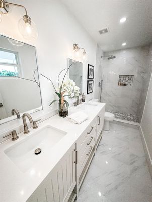 Bathroom, Dual Sink Vanities, Glass Shower, Interior, Marble, Marble Walls, Recessed Lighting
