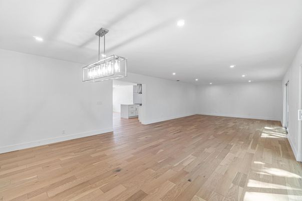 Empty room, Interior, Pendant Lights, Recessed Lighting, Wood Texture Flooring
