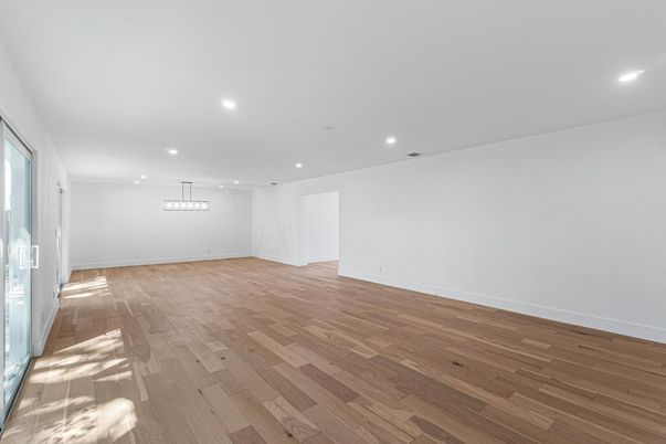 Empty room, Interior, Pendant Lights, Recessed Lighting, Wood Texture Flooring