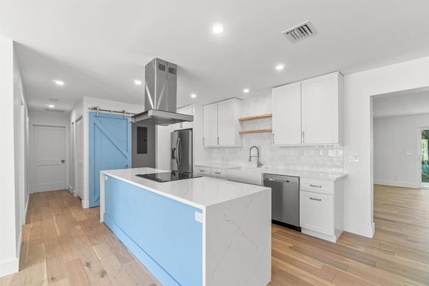 Interior, Kitchen, Recessed Lighting, Stainless Steel Appliances, Wood Texture Flooring