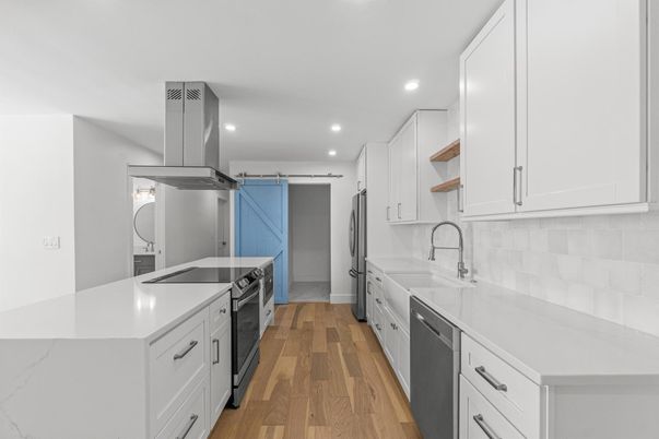 Interior, Kitchen, Recessed Lighting, Stainless Steel Appliances, Wood Texture Flooring