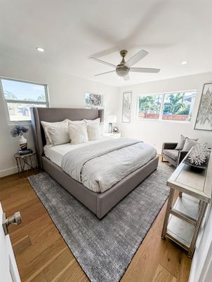 Bedroom, Interior, Recessed Lighting, Wood Texture Flooring