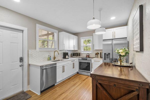 Interior, Kitchen, Pendant Lights, Recessed Lighting, Stainless Steel Appliances, Wood Texture Flooring