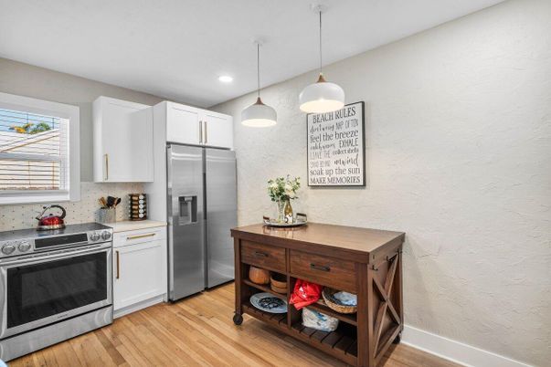 Interior, Kitchen, Pendant Lights, Recessed Lighting, Stainless Steel Appliances, Wood Texture Flooring