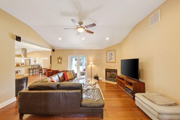 Dining room, Fireplace, Interior, Kitchen, Living room, Pendant Lights, Recessed Lighting, Wood Texture Flooring