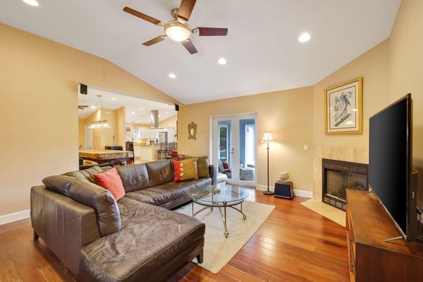 Fireplace, Interior, Kitchen, Living room, Pendant Lights, Recessed Lighting, Wood Texture Flooring