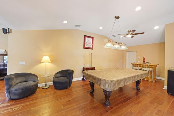 Billiard Table, Game Room, Interior, Pendant Lights, Recessed Lighting, Wood Texture Flooring