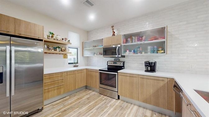 Interior, Kitchen, Recessed Lighting, Stainless Steel Appliances, Wood Texture Flooring
