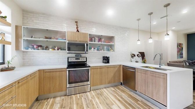 Interior, Kitchen, Pendant Lights, Recessed Lighting, Stainless Steel Appliances, Wood Texture Flooring