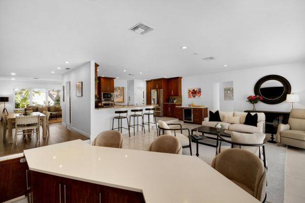 Dining room, Interior, Kitchen, Living room, Recessed Lighting, Stainless Steel Appliances, Wood Texture Flooring