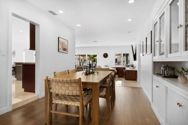 Dining room, Interior, Recessed Lighting, Wood Texture Flooring