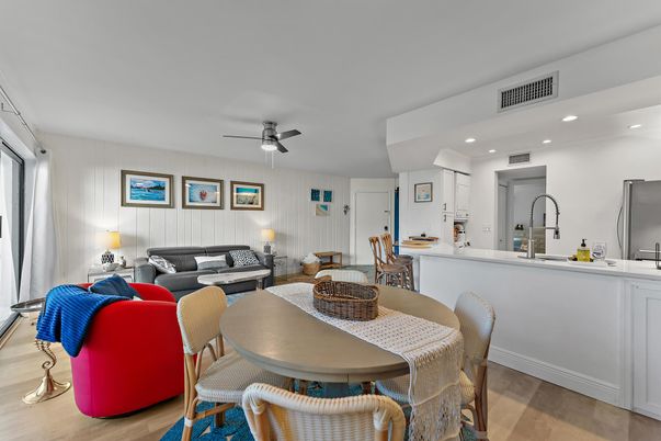 Dining room, Interior, Kitchen, Living room, Recessed Lighting, Wood Texture Flooring