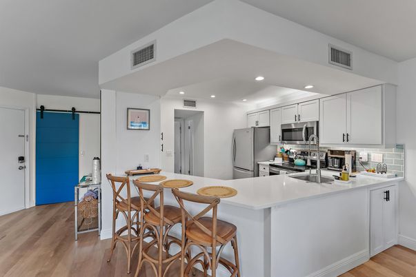 Interior, Kitchen, Recessed Lighting, Stainless Steel Appliances, Wood Texture Flooring