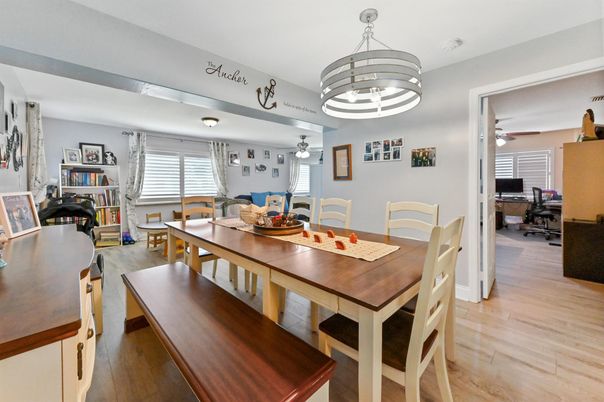 Dining room, Interior, Pendant Lights, Wood Texture Flooring