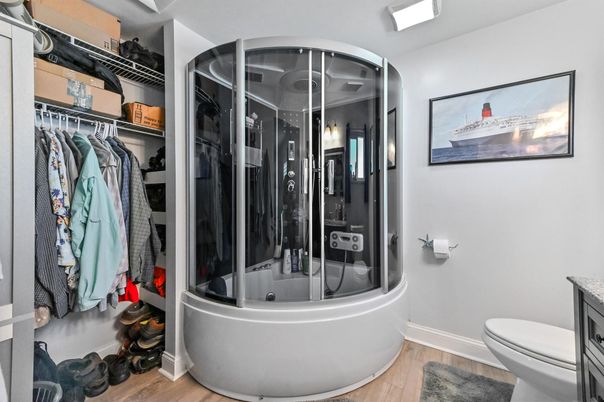 Bathroom, Glass Shower, Interior, Wood Texture Flooring
