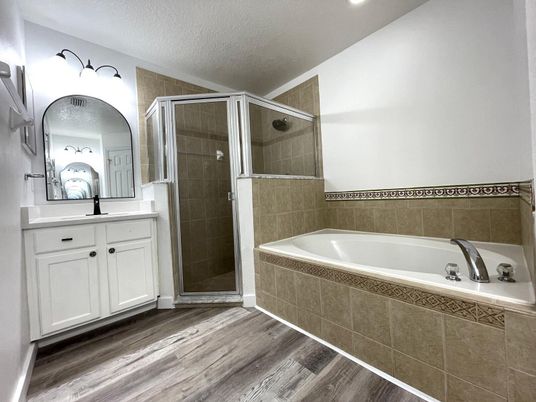 Bathroom, Glass Shower, Interior, Recessed Lighting, Wood Texture Flooring