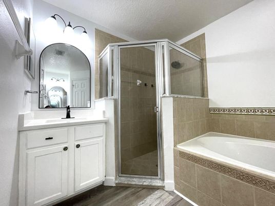 Bathroom, Glass Shower, Interior, Wood Texture Flooring
