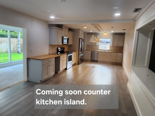 Interior, Kitchen, Pendant Lights, Recessed Lighting, Stainless Steel Appliances, Wood Texture Flooring