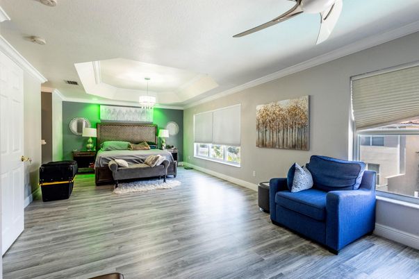Bedroom, Interior, Pendant Lights, Wood Texture Flooring