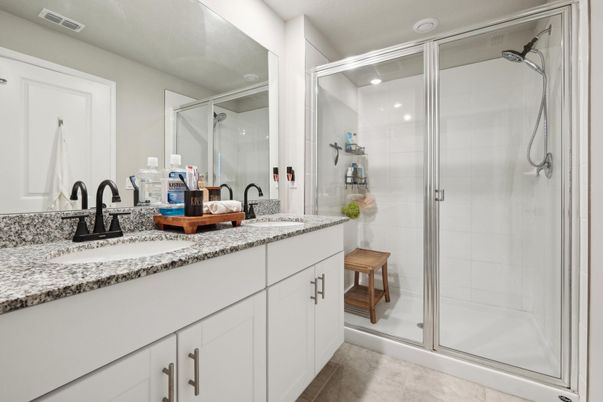 Bathroom, Dual Sink Vanities, Glass Shower, Interior, Recessed Lighting