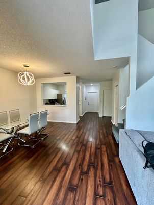 Dining room, Interior, Pendant Lights, Wood Texture Flooring
