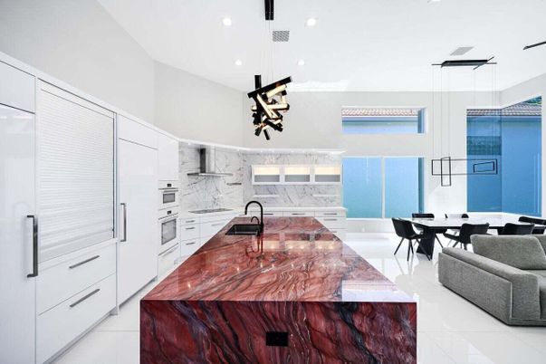 Dining room, Interior, Kitchen, Marble Walls, Pendant Lights, Recessed Lighting, Stainless Steel Appliances