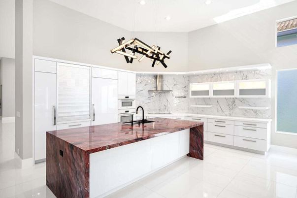 Interior, Kitchen, Marble Walls, Pendant Lights, Recessed Lighting, Stainless Steel Appliances