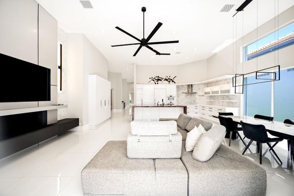 Dining room, Interior, Kitchen, Living room, Marble Walls, Pendant Lights, Recessed Lighting