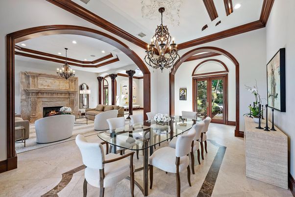 Chandelier, Dining room, Fireplace, Interior, Living room, Recessed Lighting