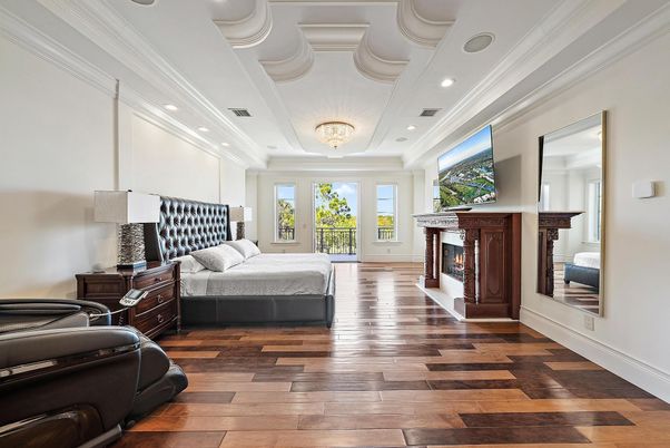 Bedroom, Fireplace, Interior, Recessed Lighting, Wood Texture Flooring