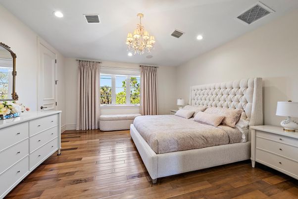 Bedroom, Chandelier, Interior, Recessed Lighting, Wood Texture Flooring