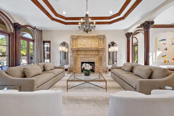 Chandelier, Fireplace, Interior, Living room, Recessed Lighting