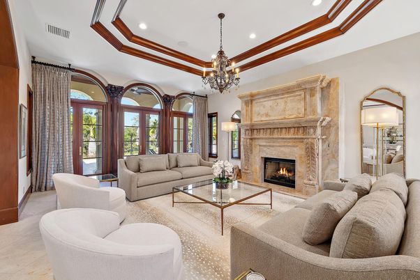 Chandelier, Fireplace, Interior, Living room, Recessed Lighting
