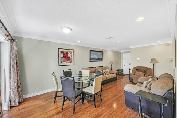 Dining room, Interior, Living room, Recessed Lighting, Wood Texture Flooring