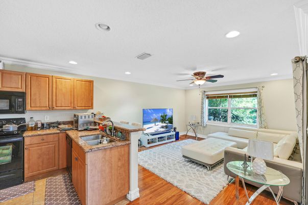 Interior, Kitchen, Living room, Recessed Lighting, Wood Texture Flooring