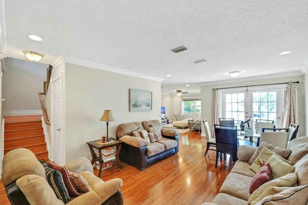 Dining room, Interior, Living room, Recessed Lighting, Wood Texture Flooring