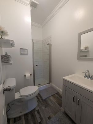 Bathroom, Glass Shower, Interior, Wood Texture Flooring