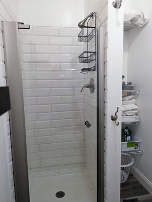 Bathroom, Glass Shower, Interior, Wood Texture Flooring