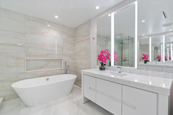 Bathroom, Dual Sink Vanities, Free Standing Baths, Glass Shower, Interior, Marble, Marble Walls, Recessed Lighting